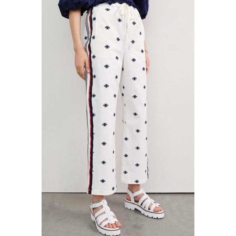 Maeve White Straight-Leg Embroidered Stripe Pants